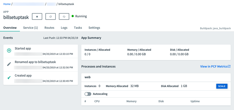 billsetuptask deployed to Cloud Foundry