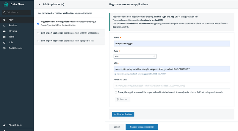 Register sink application maven