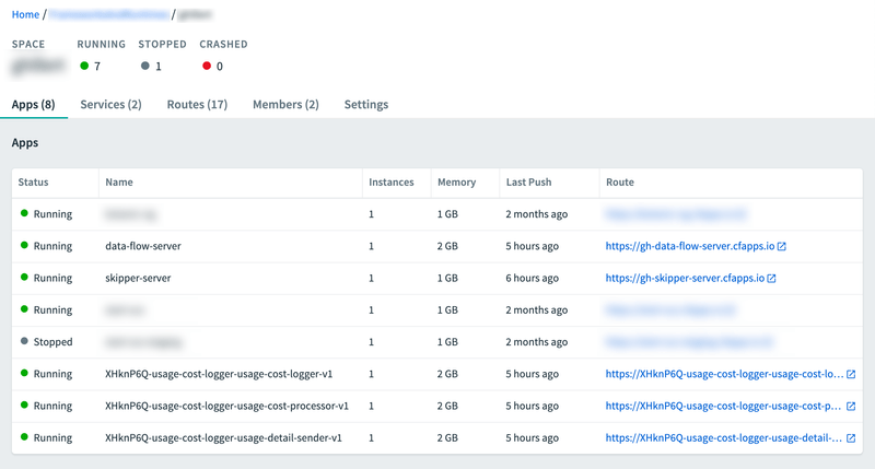 Cloud Foundry Apps Manager with the deployed Stream Application